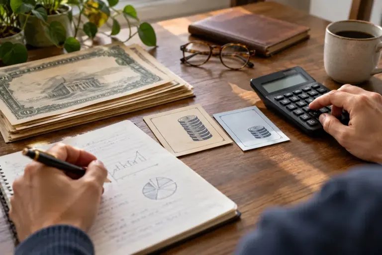 A calculator beside two amount cards and bond-reading notes.