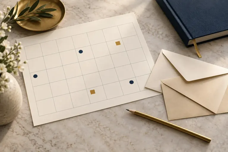 Illustration of a simple calendar sheet with blank colored markers beside envelopes and a pencil