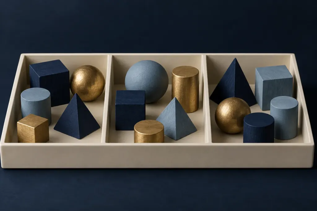 Conceptual illustration of several differently shaped blocks arranged across three compartments without numbers or market charts