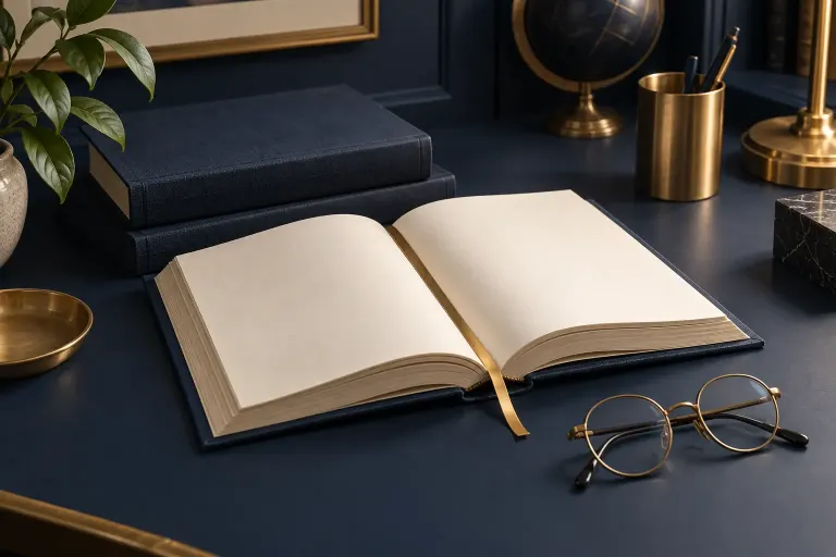 Still-life illustration of open reference books, a bookmark and reading glasses on a navy desk