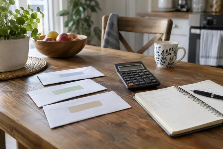Envelopes, a calculator and a household notebook arranged on a kitchen table.