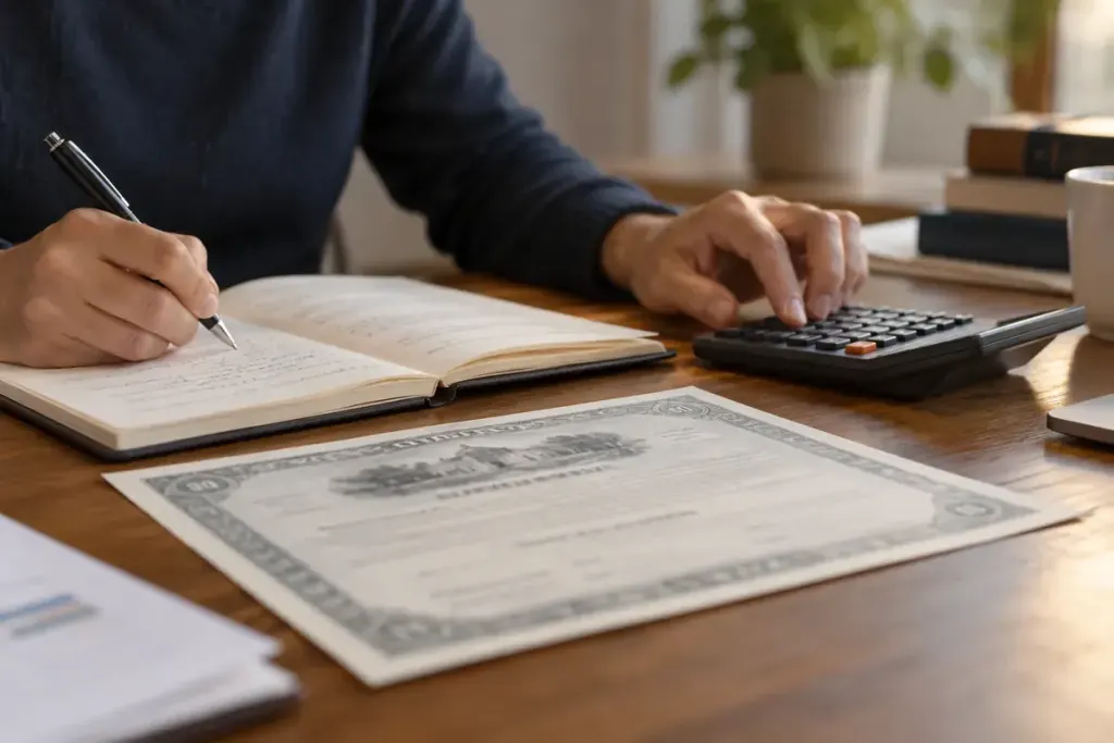 A calculator beside financial reading notes and a plain document.
